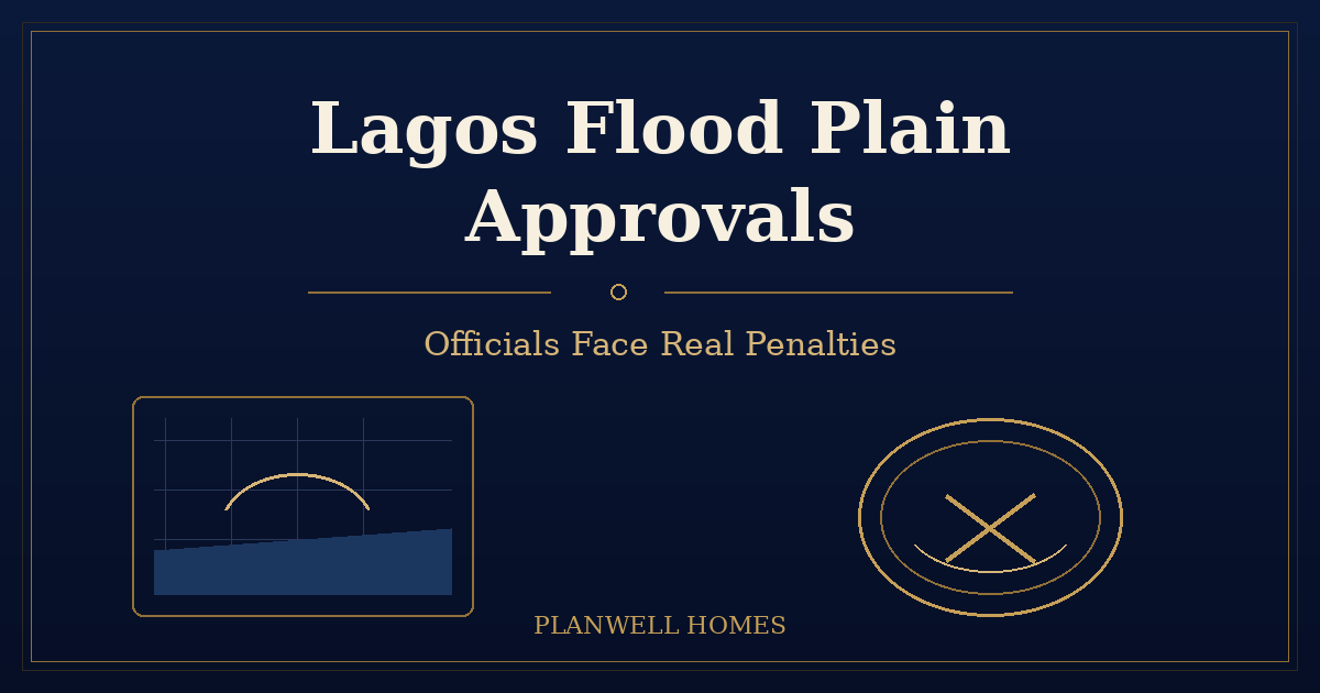 Lagos Flood Plain Approvals Now Risk Real Penalties Lagos flood plain approvals — Planwell Homes branded graphic on GIS tracking and flood-prone development